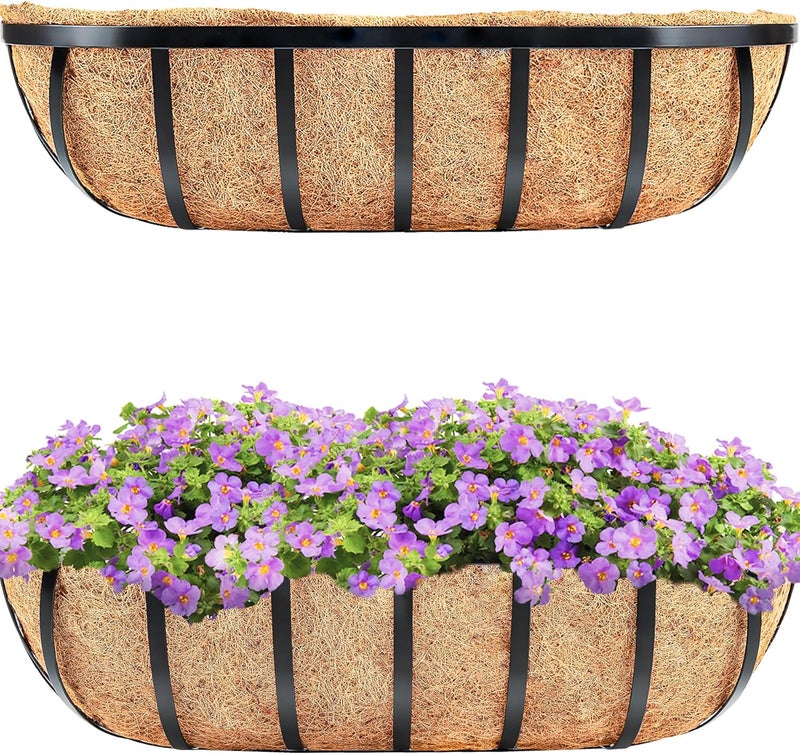 HFHOME 2 Pcs 24" Window Box Deck Railing Planter with Horse Trough Coco Liners, Black Metal Hanging Flower Planters Baskets for Indoor, Outdoor, Balcony, Porch, Fence, Patio, and Lawn - Image 1